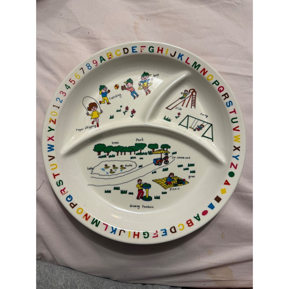 Vintage 1985 Interpur Alphabet Numbers Kids Divided Plate‎ Park Scene Melamine